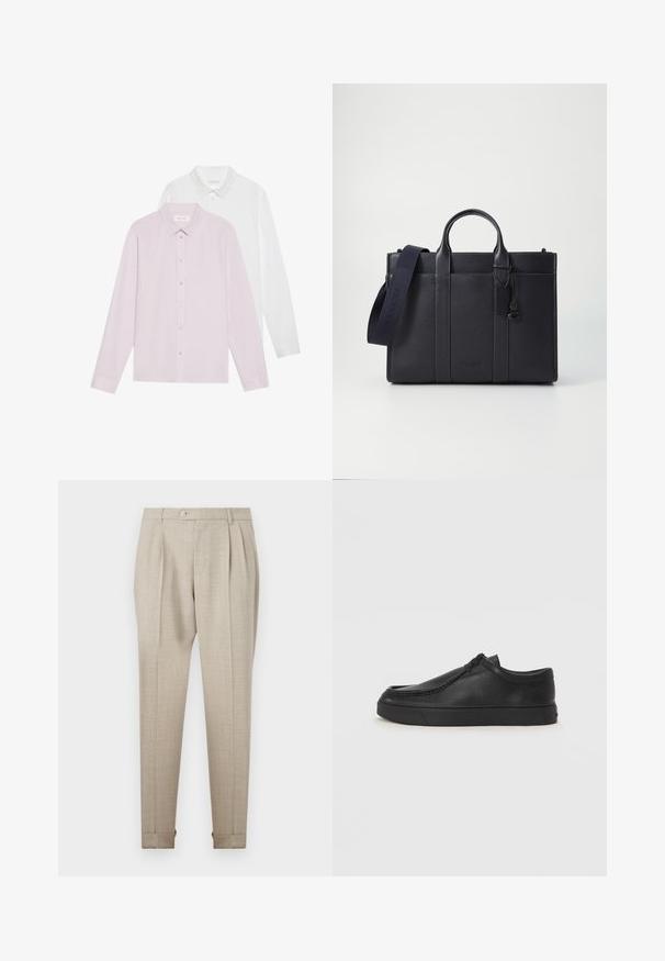 Două cămăși cu mânecă lungă: una roz deschis, cealaltă albă. Ambele au guler ascuțit și închidere cu nasturi. Material neted, fără modele.; Pantaloni plisati bej cu o textură netedă, având închidere cu buton în față și tivuri răsucite. Croi ajustat și design cu picioare drepte.; Pantofii din piele neagră, fără șireturi, cu vârful rotund, detalii cusute și talpă din cauciuc negru. Textură netedă cu un design minimalist.; Servietă din piele de culoare albastru închis, cu două mânere superioare și o curea detasabilă. Prezintă un finisaj texturat, cusături verticale și detalii cu logo.