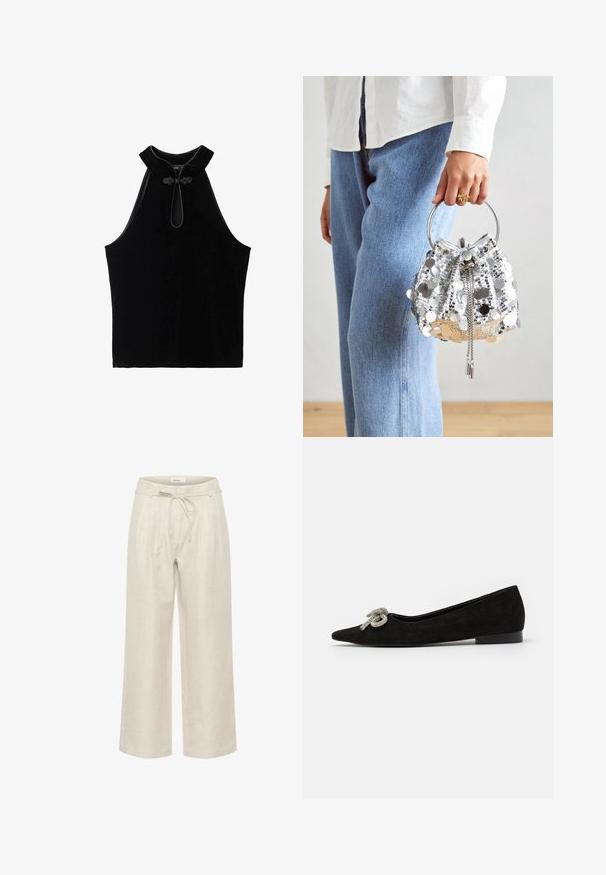 Crni bezrukavni top od baršuna, s visokim ovratnikom i dekorativnom petljom na izrezu. Glatka tekstura i jednostavan dizajn.; Bež lanene hlače širokih nogavica s elastičnim pojasom i prednjim naborima, sa glatkom teksturom i dužinom do gležnjeva.; Crna semiš balerinka s oštrim nosom, ukrašena dekorativnom srebrnom mašnom sprijeda, s niskom petom.; Srebrna torba sa šljokicama u obliku kante s kružnom metalnom drškom; ima zatvaranje na vezicu i lance kao ukrase, postavljena na svijetli traper i bijelu tkaninu.