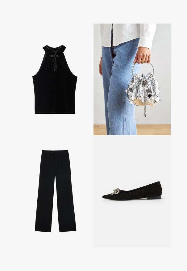 Crni bezrukavni top od baršuna, s visokim ovratnikom i dekorativnom petljom na izrezu. Glatka tekstura i jednostavan dizajn.; Crne široke hlače od glatke tkanine, s prednjim kopčanjem na gumb i dva pregiba za dodatne detalje. Ukupno krojenje.; Crna semiš balerinka s oštrim nosom, ukrašena dekorativnom srebrnom mašnom sprijeda, s niskom petom.; Srebrna torba sa šljokicama u obliku kante s kružnom metalnom drškom; ima zatvaranje na vezicu i lance kao ukrase, postavljena na svijetli traper i bijelu tkaninu.