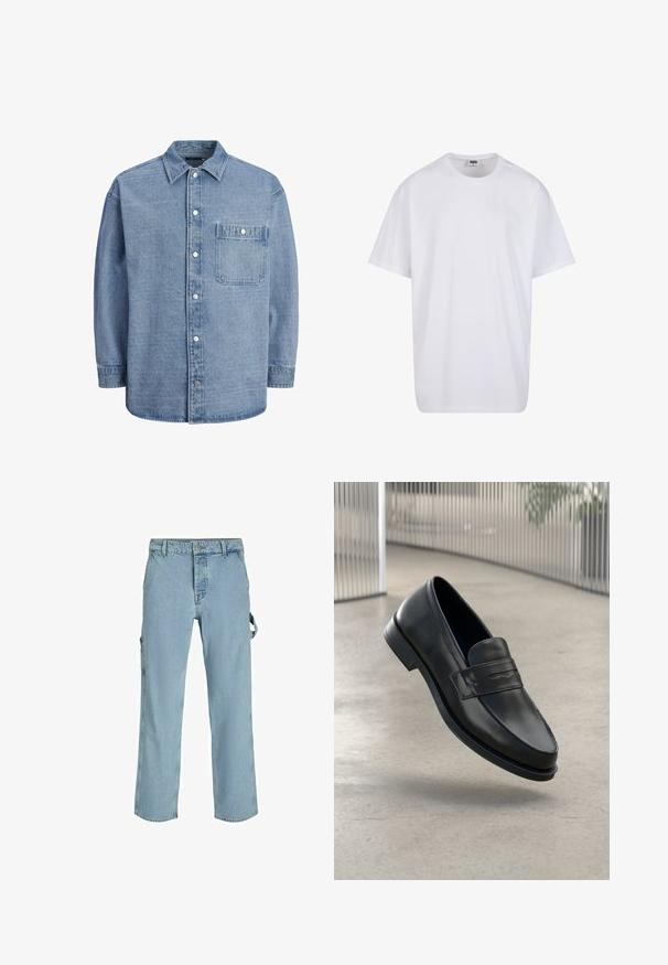 Helles blaues Denimhemd mit klassischem Kragen, durchgängiger Knopfleiste und einer einzelnen Brusttasche mit Klappe und Druckknopf.; Weiße Baumwoll-T-Shirt mit kurzen Ärmeln, rundem Ausschnitt, lockerer Passform und ohne sichtbare Logos oder Muster. Glatte Textur und minimalistisches Design.; Hellblaue Denim-Cargo-Hosen mit entspannter Passform, ausgestattet mit seitlichen Befestigungsschlaufen und Fronttaschen, die eine ausgewaschene Textur aufweisen.; Schwarzer Lederloafer mit glatter Textur, spitzer Zehe und einem dekorativen Riemen über dem Rist. Leichte Sohle, minimalistisches Design.