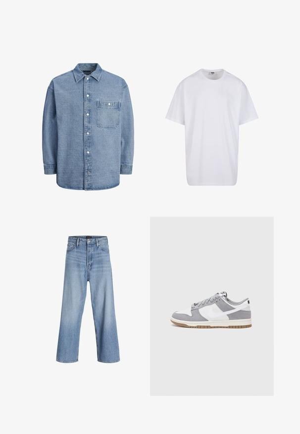 Gai zila denima krekls ar klasisku apkakli, priekšā ar pogām, un vienu krūšu kabatu ar vāku un spiedpogām.; Balta kokvilnas T-kreklu ar īsām piedurknēm, apaļu kakla izgriezumu, brīvu piegriezumu un bez redzamām logo vai rakstiem. Gluda tekstūra un minimālistisks dizains.; Gaiši zili džinsu bikses ar platām kājām un augstu jostu, kas aprīkotas ar pogu aizdari, piecu kabatu dizainu un vieglu izbalējušu efektu. Tīra apdare.; Nike kedas ar pelēku zamša un baltu ādas augšdaļu ar caurumiem, apaļām šņorēm un gumijas zolīti, kas nodrošina saķeri.