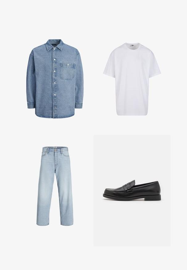 Vaaleansininen farkkupaita, jossa on klassinen kaulus, edessä napitus ja yksi rintatasku läpällä ja napilla.; Valkoinen puuvillainen t-paita, jossa on lyhyet hihat, pyöreä kaula-aukko, rento istuvuus ja ei näkyviä logoja tai kuvioita. Sileä pinta ja minimaalinen muotoilu.; Vaaleansiniset farkut korkealla vyötäröllä, leveällä lahkeella ja suoruudella. Ominaisuuksina klassinen napitus ja viiden taskun muotoilu.; Musta nahkakengät, joissa on tyylikäs muotoilu, pyöreä varvas, ommellut yksityiskohdat ja matala lohkokorko. Liukastettu pinta ja minimaliset yksityiskohdat.