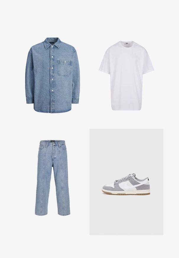 Világoskék farmering klasszikus gallérral, elöl gombos záródással és egyetlen mellzsebbel, amelynek fedele és kattintós gombja van.; Fehér pamut póló rövid ujjal, kerek nyakú, laza szabású, és nincsenek látható logók vagy minták. Simább textúra és minimalista dizájn.; Világoskék farmernadrág laza fitte, széles szárakkal és látható varrási részletekkel. Gombos és cipzáras záródással, öt zsebével rendelkezik.; Szürke és fehér sportcipő, velúr és bőr felsőrésszel, kerek orral, lapos fűzőkkel és gumitalppal, amelyen rágógumi színű díszítés található.
