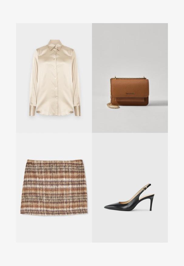 Cămașă din satin bej cu guler ascuțit, mâneci lungi, închidere cu nasturi și manșete cu o finisare ușor lucioasă. Fără modele sau accente.; Fustă din lână în carouri, cu tonuri pământii de maro și bej, având o textură moale. Designul include dungi orizontale și verticale.; Cizme negre din piele cu toc înalt slingback, cu vârf ascuțit, curea ajustabilă și un toc stiletto elegant, având un finisaj neted.; Geantă crossbody din piele texturată maro, cu curea din lanț aurit și închidere cu clapetă. Partea din față prezintă detalii cu logo și o buzunar sub clapetă.