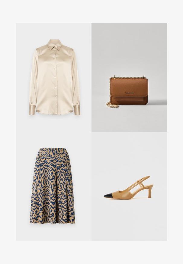 Beige satin shirt with a pointed collar, full-length sleeves, button closure, and cuffs in a slightly glossier finish. No patterns or accents.; A knee-length skirt featuring a geometric print in navy blue and beige, with pleats and a smooth texture.; Tan slingback heels with a pointed black toe cap, featuring cut-out sides and a mid-height block heel. Smooth leather material.; Brown textured leather crossbody bag with gold chain strap and flap closure. Front features logo detail and a pocket under the flap.