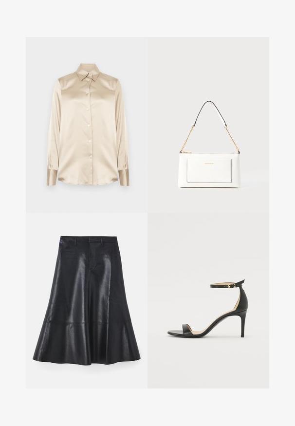 Cămașă din satin bej cu guler ascuțit, mâneci lungi, închidere cu nasturi și manșete cu o finisare ușor lucioasă. Fără modele sau accente.; Fustă din piele neagră cu un design evazat, de lungime medie, având o textură fină și detalii de cusătură discrete pe margine.; Sandale cu toc înalt din piele neagră, cu barete pentru glezne. Prezintă o textură netedă, vârf deschis și un toc subțire. Detalii cu cataramă de culoare aurie.; Geantă de mână din piele albă cu un finisaj texturat, având o curea din lanț aurie și accente negre. Include un buzunar frontal și închidere cu fermoar.