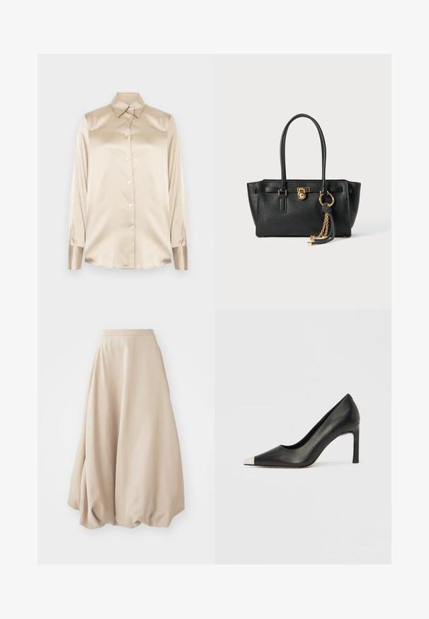 Beige satin skjorta med spetsig krage, helärmade ärmar, knappstängning och manschetter med en något glansigare finish. Inga mönster eller accenter.; Beige ballongkjol gjord av mjukt tyg. Har hög midja och volymös design med samlad textur i nederkanten.; Svart skinnsko med hög klack, spetsig tå och metallisk silverhätta. Har en slät yta och en smal klack på 10 cm.; Svart läderhandväska med dubbla handtag, guldlås och kedjedetalj, samt svart-vit tofsaccessoar mot vit bakgrund.