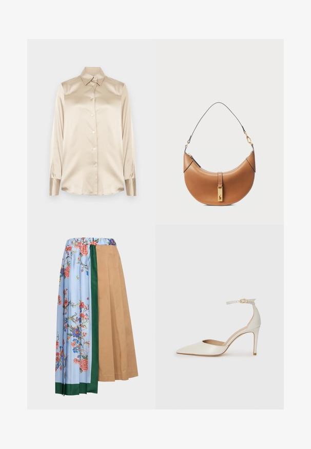 Beige Satinhemd mit spitzem Kragen, langen Ärmeln, Knopfverschluss und Manschetten in einem etwas glänzenderen Finish. Keine Muster oder Akzente.; WEEKEND MaxMara OPEROSO - A-Linien-Rock - beige; Weiße Leder-Pumps mit spitz zulaufender Zehe, Knöchelriemen und schlanker Stiletto-Absatz. Glatte Oberfläche mit dezent glänzendem Finish.; Taschenhandtasche aus tanfarbenem Leder mit geschwungener Form, goldenen Beschlägen und einem dünnen Schulterriemen. Verfügt über einen Reißverschlussverschluss und ein Logodetail auf der Vorderseite.