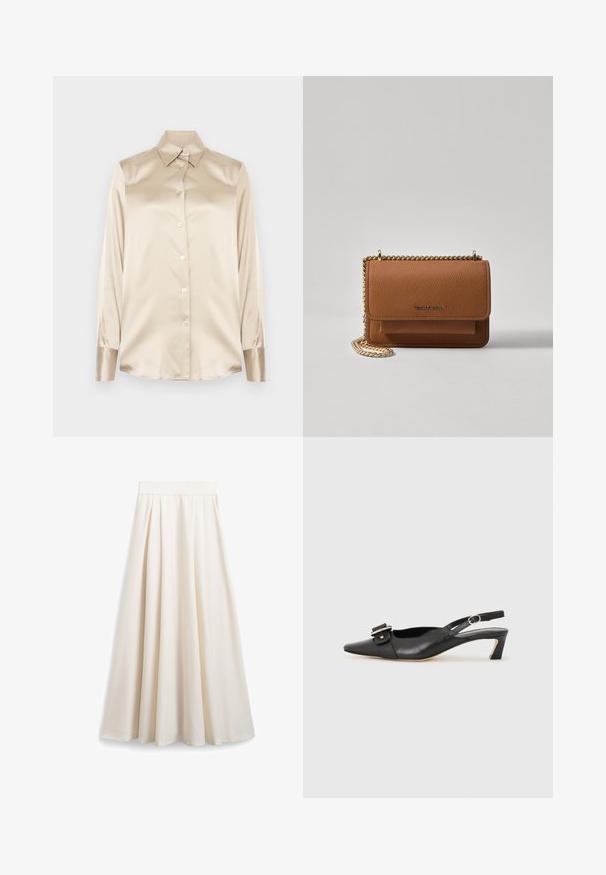 Bež satenasta srajca z ostrim ovratnikom, dolgimi rokavi, z zapiranjem na gumbe in manšetami v nekoliko bolj sijočem finishtu. Brez vzorcev ali dodatkov.; Svetlo kremna A-linija krila, izdelana iz gladkega blaga, z naborki in širokim pasom za tekočo silhueto.; Črne usnjene slingback čevlje z ostrim nosom, majhnim petam in dekorativno sponko na zgornjem delu. Gladka tekstura, minimalistična zasnova.; Rjava teksturirana usnjena torba čez ramo z zlatim verižnim trakom in zapiranjem na pokrov. Spredaj je vidna podrobnost logotipa in žep pod pokrovom.