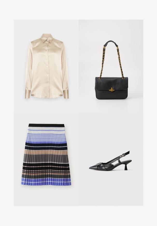 Camicia in satin beige con colletto a punta, maniche lunghe, chiusura con bottoni e polsini con una finitura leggermente più lucida. Senza motivi né accenti.; MUNTHE MARMING - Gonna a campana - multi-coloured; Scarpa slingback nera in pelle con punta affusolata, cinturini decorativi con occhielli metallici e tacco basso a blocco. Superficie testurizzata.; Borsa a tracolla nera in pelle con pattina pieghevole, tracolla in catena dorata e dettaglio con logo sul davanti. Texture liscia.