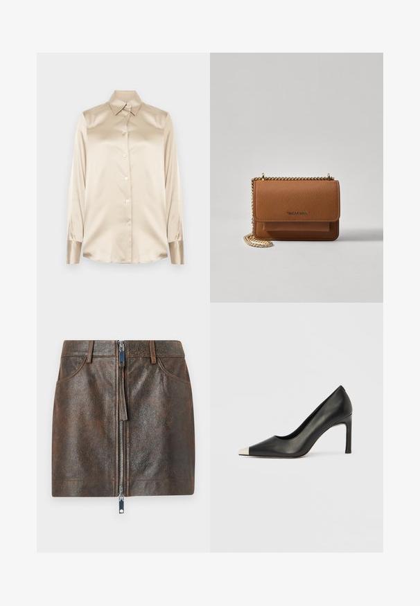 Beige satengskjorte med spiss krage, lange ermer, knappestillinger og mansjetter i en litt glansfull finish. Ingen mønstre eller aksenter.; Brun skinn mini skjørt med en polert glidelås foran, to sidelommer og en teksturert overflate. Har en tettsittende fasong og standard linning.; Svart lærsko med høye hæler, spiss tå og metallisk sølvhette. Har en glatt finish og en slank hæl på 10 cm.; Brun teksturert lær crossover-veske med gullkjede-stropp og klaffelukking. Fronten har logo-detalj og en lomme under klaffen.
