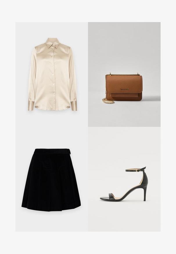 Beige satiinist särk, millel on terav krae, täispikkade varrukatega, nööbiga kinniti ja veidi läikivamad mansetid. Ilma mustrite või aktsentideta.; Weekend Max Mara ZUCCA - A-lõikeline seelik - nero; Must musta kõrgete kontsadega sandaal, millel on pahkluule kinnituv rihm. Omab sileda tekstuuri, avatud varbaosa ning õhukest kontsa. Kuldtooniline pandla detail.; Pruun tekstureeritud nahk ristkeha kott kuldse ahelaga rihmaga ja klapiga sulgemine. Esiküljel on logo detail ja tasku klapi all.