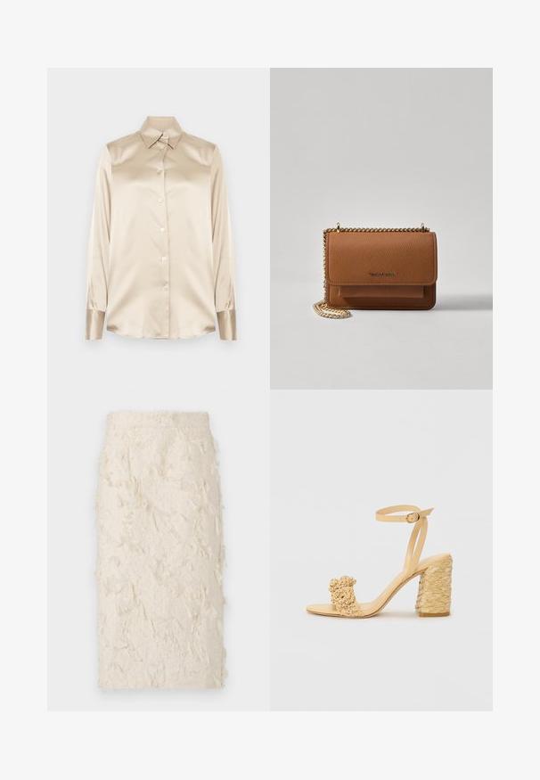 Beige satiinist särk, millel on terav krae, täispikkade varrukatega, nööbiga kinniti ja veidi läikivamad mansetid. Ilma mustrite või aktsentideta.; Kreemivärvi seelik, millel on tekstuuriga, sule sarnane pind. Omab keha järgivalt lõiget ja keskmist pikkust, sobides erinevateks sündmusteks.; Beez kõrge kontsaga sandaalid, millel on punutud tekstuur, dekoratiivne lilleke ja pahkluu rihm. Ruudukujuline konts tagab stabiilsuse.; Pruun tekstureeritud nahk ristkeha kott kuldse ahelaga rihmaga ja klapiga sulgemine. Esiküljel on logo detail ja tasku klapi all.
