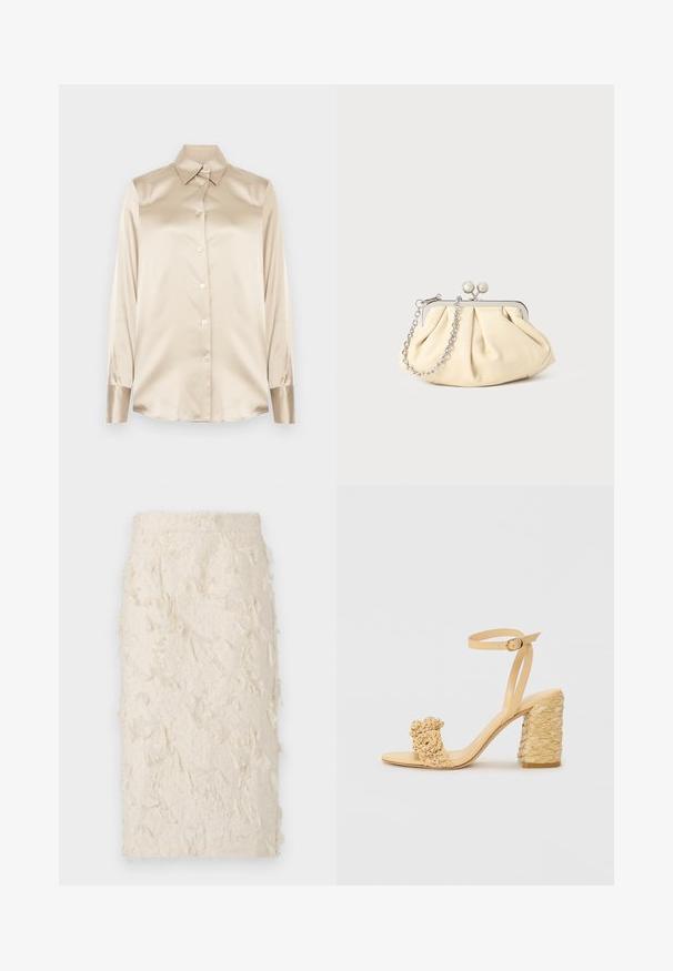 Beige satiinist särk, millel on terav krae, täispikkade varrukatega, nööbiga kinniti ja veidi läikivamad mansetid. Ilma mustrite või aktsentideta.; Kreemivärvi seelik, millel on tekstuuriga, sule sarnane pind. Omab keha järgivalt lõiget ja keskmist pikkust, sobides erinevateks sündmusteks.; Beez kõrge kontsaga sandaalid, millel on punutud tekstuur, dekoratiivne lilleke ja pahkluu rihm. Ruudukujuline konts tagab stabiilsuse.; Kortsus beežist nahast kotike, millel on hõbedane metallraam, kaunistatud kahe ümmarguse dekoratiivse lukuga ja hõbedase ketispideme.