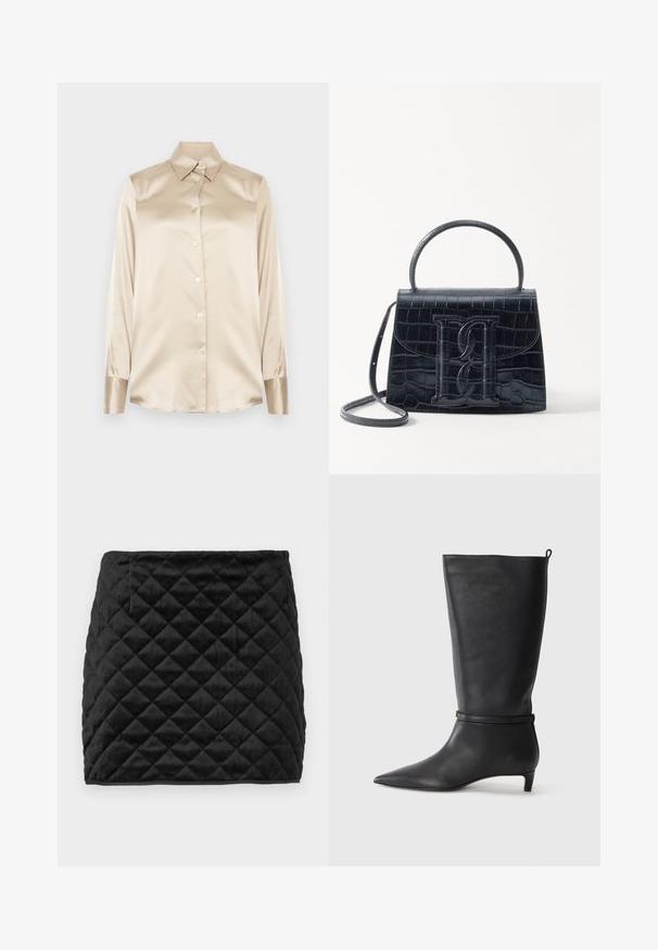 Beige satin skjorta med spetsig krage, helärmade ärmar, knappstängning och manschetter med en något glansigare finish. Inga mönster eller accenter.; Svart kviltad mini kjol i mjukt tyg, med ett diamantmönster, rak skärning och en dold sidficka.; Svart läderknähöga stövlar med spetsig tå, försedda med ett runt rem runt vristen och en låg, avsmalnande klack. Slät textur.; Svart läderhandväska med krokodilprägling, strukturerad design, topphandtag, justerbar rem och en framträdande logotypdetalj på framsidan.