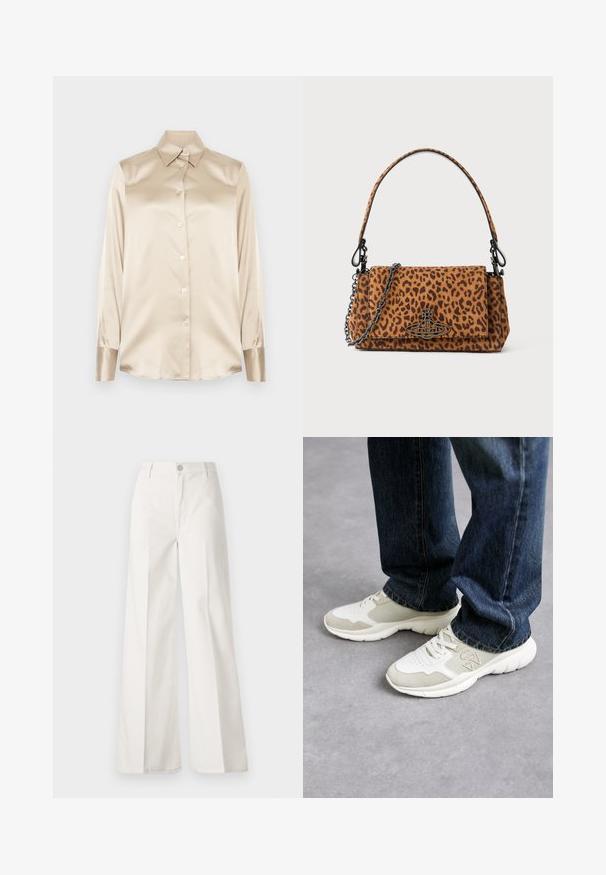 Chemise en satin beige avec un col pointu, des manches longues, une fermeture par boutons et des poignets à la finition légèrement plus brillante. Pas de motifs ni d'accents.; Pantalons blancs à jambes larges en coton avec une texture douce. Comprend un bouton à l'avant, une fermeture éclair et un design à quatre poches.; Baskets en gris clair et beige doux en maille avec des accents en daim. Dotées d'un design à lacets et d'une épaisse semelle en caoutchouc blanc. Portées avec un jean bleu.; Sac à main en cuir suédé à motifs léopard, avec une courte poignée, une bandoulière en chaîne et un fermoir en métal noir. Forme rectangulaire avec une fermeture à rabat.
