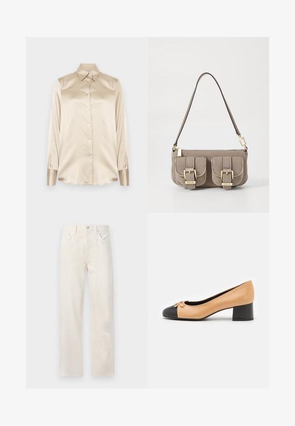 Beige satin shirt with a pointed collar, full-length sleeves, button closure, and cuffs in a slightly glossier finish. No patterns or accents.; Off-white straight-leg denim jeans with five pockets, belt loops, and a button-and-zip closure at the waist.; Beige leather pump with a black rounded toe, small bow detail, and a low block heel. Smooth texture and a classic silhouette.; Beige textured handbag with adjustable strap, two front pockets secured by buckles, and gold hardware accents. Zipper closure at the top.