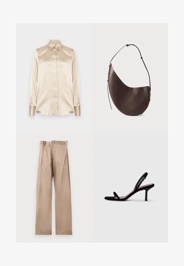 Smėlio spalvos satino marškiniai su smailiu apykakle, pilno ilgio rankovėmis, sagų uždarymu ir šiek tiek blizgesniais rankogaliais. Be raštų ar akcentų.; Smėliniai pritaikyti kelnės su tiesiomis kojomis, su plokščiu priekiu, diržo kilpomis ir klostėmis. Pagamintos iš lygaus audinio su minkštu tekstūru.; Juodas zomšinis moteriškas aukštakulnis sandalai su plonais dirželiais ir auksine sagtimi ant balto fono, šoninis vaizdas.; Ruda odinė rankinė, turinti kreivą formą, vieną diržą ir minimalistinį dizainą. Sukurta su subtiliu logotipu ir auksiniais detalėmis.