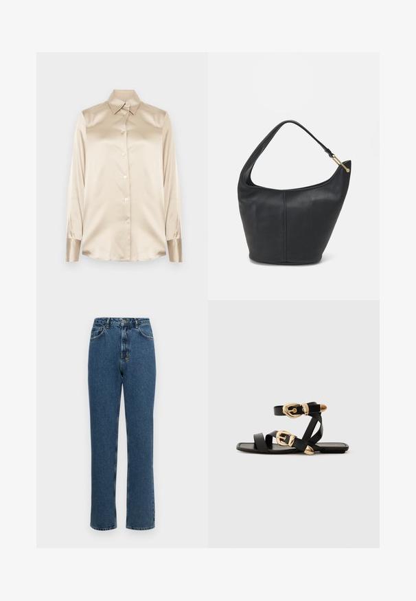 Beige satiinipaita, jossa on terävä kaulus, täyspitkät hihat, nappikiinnitys ja hihoissa hieman kiiltävä pinta. Ei kuvioita tai koristeita.; Korkeavyötäröiset suorat farkut tummansinisestä denimistä. Ominaisuuksiin kuuluu nappi- ja vetoketjusuljenta, viisi taskua sekä kevyesti haalistunut pinta.; Mustat nahkakengät kultaisilla solkiyksityiskohdilla, joissa on useita hihnoja ja litteä pohjarakenteinen muotoilu avonaisille varpaille.; Mustan nahkainen käsilaukku, jossa on pyöreä muoto, leveä olkahihna ja teksturoitu pinta. Sisältää hienovaraisia saumaräätelyjä ja kultasävytteisen varusteen.