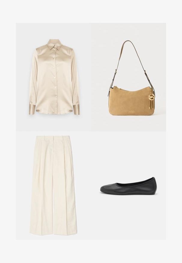 Chemise en satin beige avec un col pointu, des manches longues, une fermeture par boutons et des poignets à la finition légèrement plus brillante. Pas de motifs ni d'accents.; Pantalons larges en tissu crème doux et léger. Comprend des plis à l'avant, des passants de ceinture et une texture lisse. Design ajusté avec une finition soignée.; Ballerines en cuir noir avec un bout rond, texture lisse, détails de couture minimalistes et design de semelle flexible.; Sac à épaule en suède beige avec une forme courbée, quincaillerie dorée et fermeture éclair. Possède un charm attaché avec les initiales "MK".