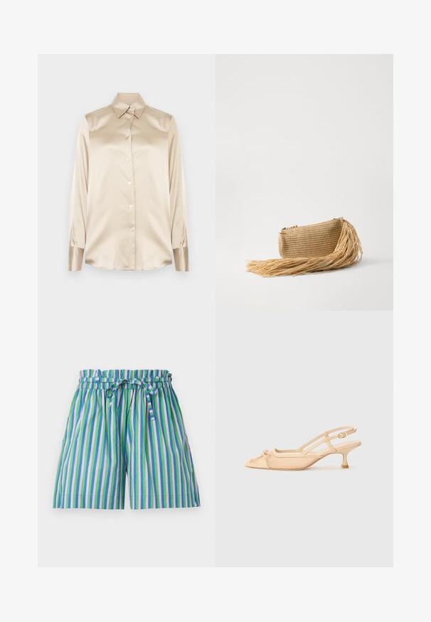 Beige satiinipaita, jossa on terävä kaulus, täyspitkät hihat, nappikiinnitys ja hihoissa hieman kiiltävä pinta. Ei kuvioita tai koristeita.; MILLE CARY - Shortsit - multicoloured; Stuart Weitzman KITTY - Avokkaat - beige/barely beige; Cult Gaia VIERA - Pikkulaukku - natural