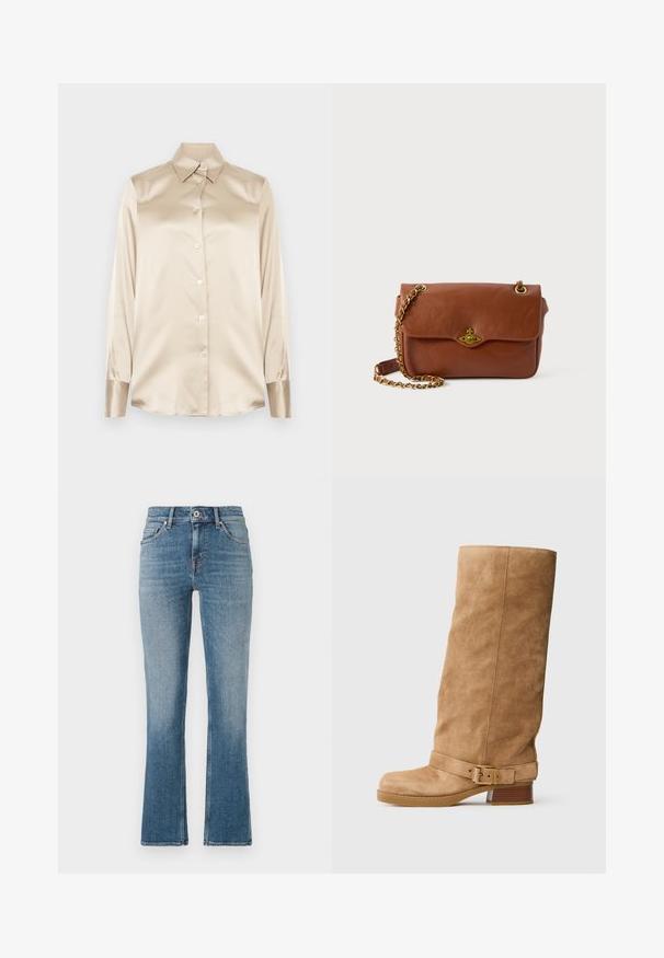 Beige satiinist särk, millel on terav krae, täispikkade varrukatega, nööbiga kinniti ja veidi läikivamad mansetid. Ilma mustrite või aktsentideta.; Heledad sinine denimist flared teksad, keskmise tõusuga vöökoht, viie taskuga disain ja kontrastne õmblemine. Sile tekstuur kerge pleekimisega.; Kerge suede midikäe saapad heleses tooni, madala virnastatud kontsaga, ümarate varbaotstega ning reguleeritava rihmaga, millel on kuldne pandla ümber pahkluu.; Pruunist nahast risti keha kott klapiga kinnitusega, kuldsetest detailidest ja ahelaga rihmast. Sile tekstuur, ristkülikukujuline kuju, minimaalsete detailidega.