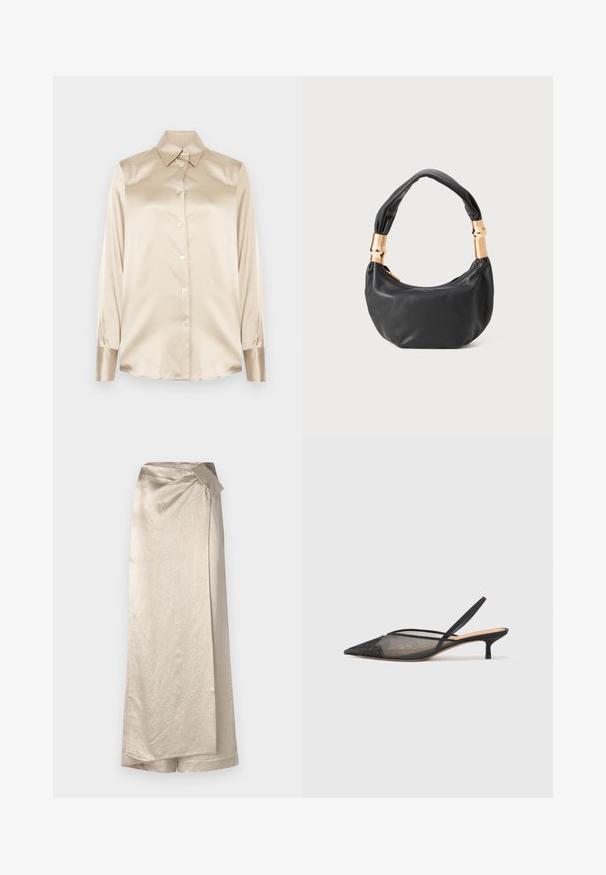 Beige satiinipaita, jossa on terävä kaulus, täyspitkät hihat, nappikiinnitys ja hihoissa hieman kiiltävä pinta. Ei kuvioita tai koristeita.; Pitkä, vaaleanbeige hame, joka on valmistettu kiiltävästä, teksturoidusta kankaasta. Sisältää kietaisumallin, jossa on sivusolmu ja siisti helma.; NEOUS IRENA - Avokkaat - black; Musta nahkalaukku pyöreällä muodolla, pehmeällä pinnalla ja solmulla varustetulla kahvalla, jossa on kultasävyiset yksityiskohdat. Vetoketjusuljenta.