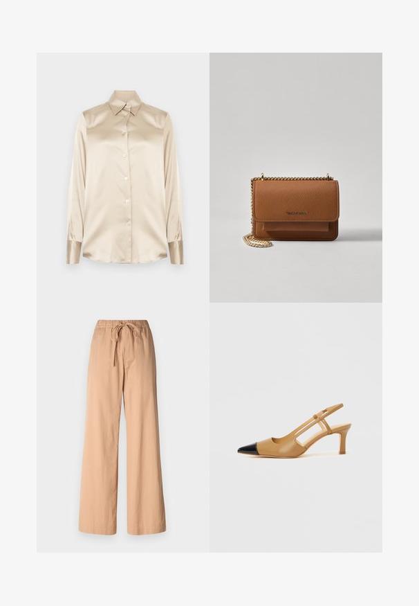Beżowa satynowa koszula z ostro zakończonym kołnierzykiem, długimi rękawami, zapięciem na guziki i mankietami o nieco błyszczącym wykończeniu. Brak wzorów lub akcentów.; Beżowe spodnie o szerokich nogawkach z elastycznym pasem i sznurkiem do wiązania. Wykonane z lekkiego materiału, mają gładką teksturę i czyste linie.; Beżowe czółenka na obcasie typu slingback z czarnym, spiczastym noskiem, z wycięciami po bokach i średniej wysokości szerokim obcasem. Wykonane z gładkiej skóry.; Brązowa skórzana torba na ramię z teksturą, z złotym łańcuszkiem i zapięciem na klapkę. Z przodu znajduje się detal z logo oraz kieszeń pod klapką.