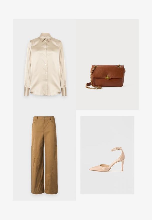 Béžová saténová košela s špicatým golierom, dlhými rukávmi, zapínaním na gombíky a manžetami v mierne lesklejšom prevedení. Bez vzorov alebo akcentov.; Hnedé široké nohavice vyrobené z bavlny, s gombíkovým zapínaním, bočnými vreckami a výrazným prešívaním.; Naha lesklá kožená topánka s ostrou špičkou a remienkom okolo členka, s ihlovým podpätkom, s hladkým povrchom a minimalistickým dizajnom.; Hnedá kožená crossbody taška so skladacím uzáverom, zlatými kovovými detailmi a reťazovou rukoväťou. Hladký povrch, obdĺžnikový tvar, minimálne detaily.
