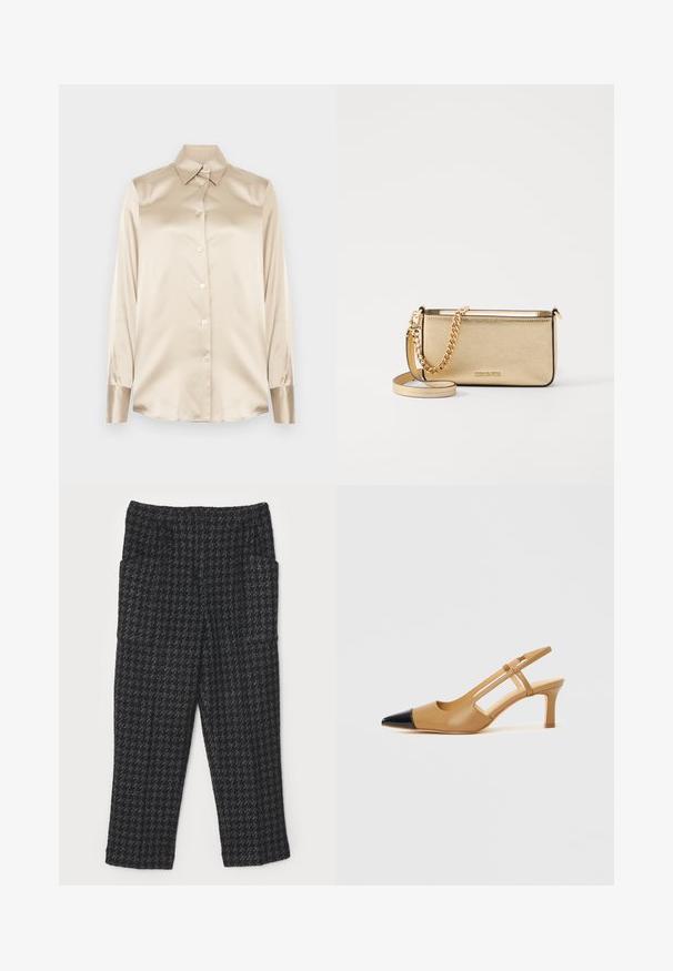 Bež satenasta košulja s oštrim ovratnikom, dugim rukavima, kopčanjem na gumbi i manžetama blago sjajnijeg završetka. Bez uzoraka ili naglasaka.; Crne teksturirane hlače s uzorkom jastučića, ravnog kroja, s elastičnom visokim strukom i dva bočna džepa.; Ten bež slingback s crnim špicastim vrhom, s izrezanim stranama i blok petom srednje visine. Materijal od glatke kože.; Metalna zlatna kožna torbica s teksturiranom površinom, opremljena zlatnim lancem i uklonjivom naramenicom. Utisnuti logotip branda.