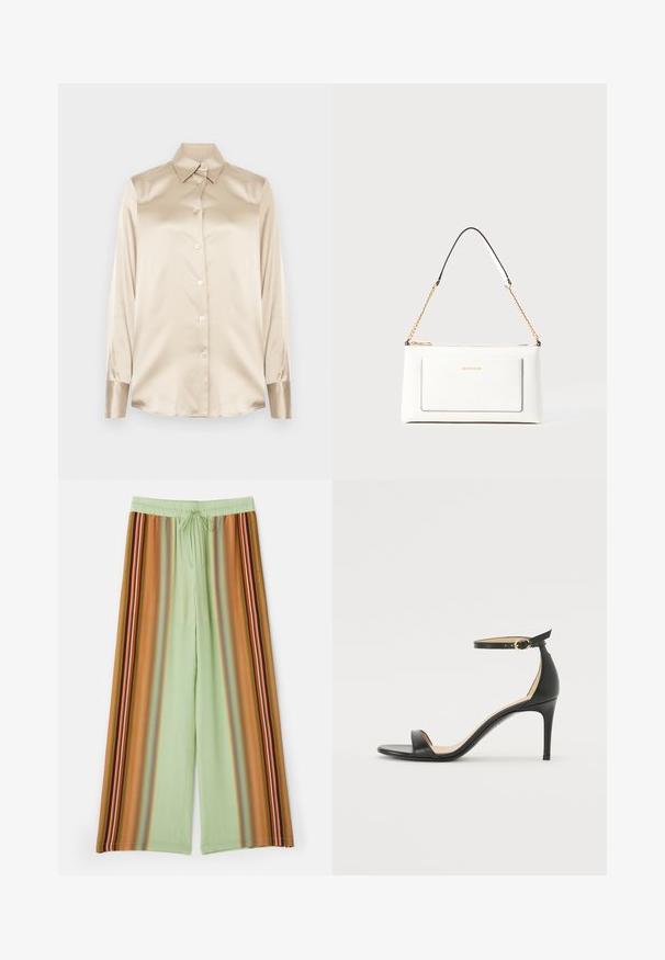 Beige satin shirt with a pointed collar, full-length sleeves, button closure, and cuffs in a slightly glossier finish. No patterns or accents.; Wide-leg pants in light green fabric featuring vertical stripes in brown, orange, and multicolored accents. Elastic waistband with drawstring.; Black leather high-heeled sandal with an ankle strap. Features a smooth texture, open toe, and a thin heel. Gold-toned buckle detail.; White leather handbag with a textured finish, featuring a gold chain strap and black accents. Includes a front pocket and zipper closure.
