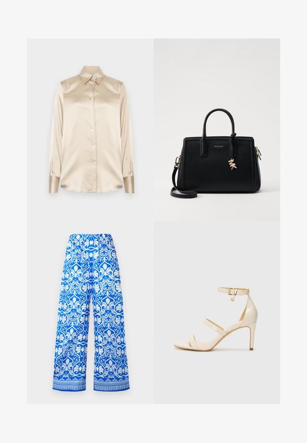 Beige satiinist särk, millel on terav krae, täispikkade varrukatega, nööbiga kinniti ja veidi läikivamad mansetid. Ilma mustrite või aktsentideta.; Sinine ja valge laia säärega püksid, millel on elastne vöökoht ja detailne lilleline damaskumuster, millel on dekoratiivne äär allääres.; Bežid kõrge kontsaga sandaalid koos õhukese pahkluu rihmaga ja kahe ülemise rihmaga. Läikiv lakkviimistlus ja kuldne detail pahkluurihmadel.; Musta nahast käekott struktureeritud disainiga, kahekordsete ülemiste käepidemetega, eemaldatav õlavööt, kuldne riistvara ja logotäht aktsent.