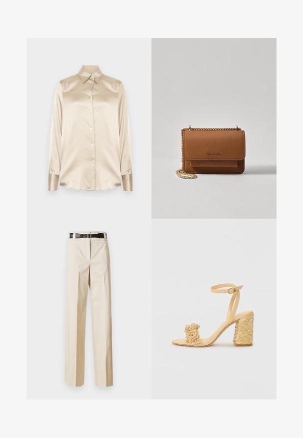 Krémová saténová košile s špičatým límcem, dlouhými rukávy, zapínáním na knoflíky a manžetami s mírně lesklejším povrchem. Bez vzorů nebo akcentů.; Beige kalhoty s širokými nohavicemi a hladkým povrchem, s černým páskem s krokodýlím vzorem v pase. Jednoduchý design bez dalších ozdob.; Beige sandálky na vysokém podpatku s pletenou texturou, vyznačující se ozdobnou květinou a náramkem kolem kotníku. Čtvercová pata zajišťuje stabilitu.; Hnědá texturovaná kožená kabelka přes rameno se zlatým řetízkovým popruhem a klopnovým uzavíráním. Přední strana obsahuje detail loga a kapsu pod klopou.