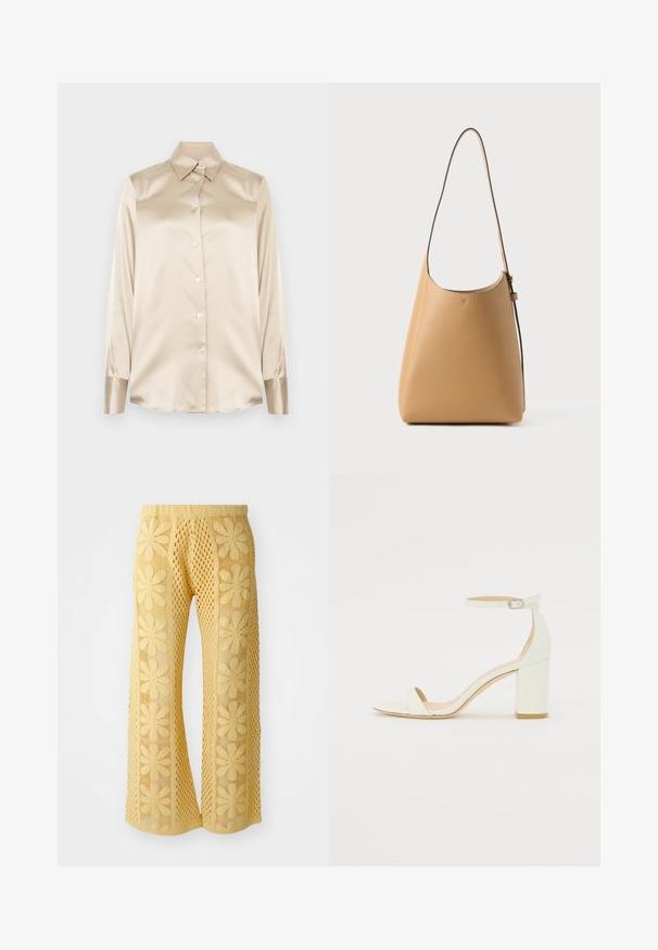 Chemise en satin beige avec un col pointu, des manches longues, une fermeture par boutons et des poignets à la finition légèrement plus brillante. Pas de motifs ni d'accents.; Pantalon en crochet jaune avec un motif floral, coupe large, et une taille élastique avec un design en maille ouverte texturée.; Sandale à talon bloc en cuir blanc avec une bride de cheville à boucle et un design minimaliste. Bout ouvert et textures lisses sur l'ensemble.; Sac en cuir léger couleur beige clair, avec une texture lisse, un design minimaliste, une seule sangle incurvée et des détails matériels discrets.