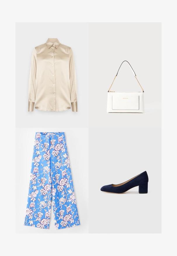 Beige satin shirt with a pointed collar, full-length sleeves, button closure, and cuffs in a slightly glossier finish. No patterns or accents.; Blue floral pants featuring a pastel rose pattern. The fabric is smooth with a relaxed fit, wide legs, and an elastic waistband.; Navy blue suede pump with a pointed toe and a mid-height block heel. Smooth texture with a subtle sheen and a small cutout at the front.; White leather handbag with a textured finish, featuring a gold chain strap and black accents. Includes a front pocket and zipper closure.