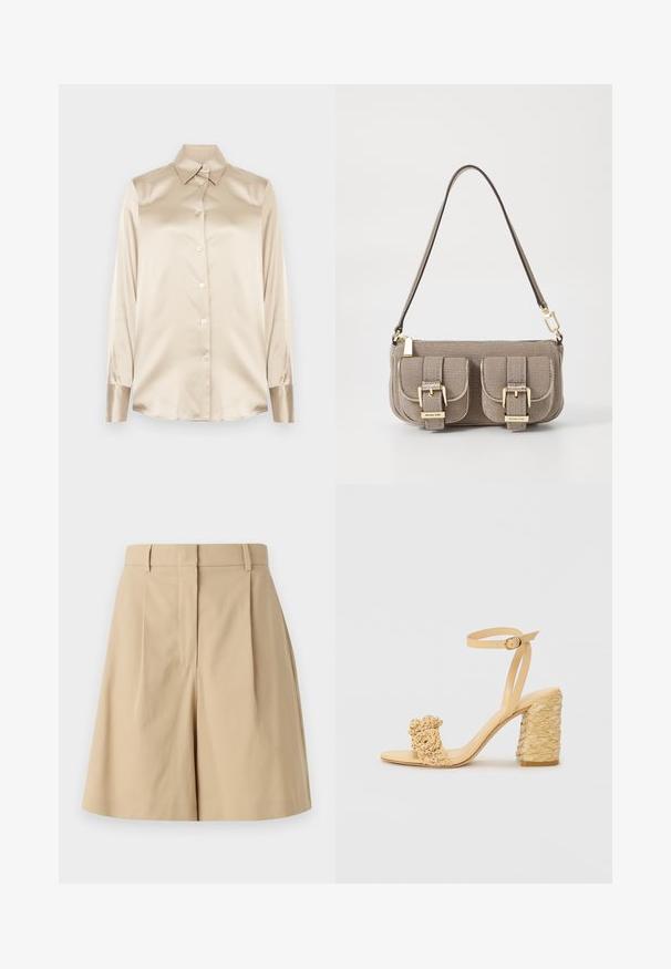 Chemise en satin beige avec un col pointu, des manches longues, une fermeture par boutons et des poignets à la finition légèrement plus brillante. Pas de motifs ni d'accents.; Shorts plissés beige à taille haute, présentant une texture lisse et sans fermetures visibles, conçus pour une silhouette épurée.; Sandale à talons hauts beige avec une texture tressée, ornée d'une fleur décorative et d'une bride à la cheville. Le talon carré ajoute de la stabilité.; Sac à main beige texturé avec une bandoulière réglable, deux poches avant fermées par des boucles, et des accents en doré. Fermeture éclair en haut.