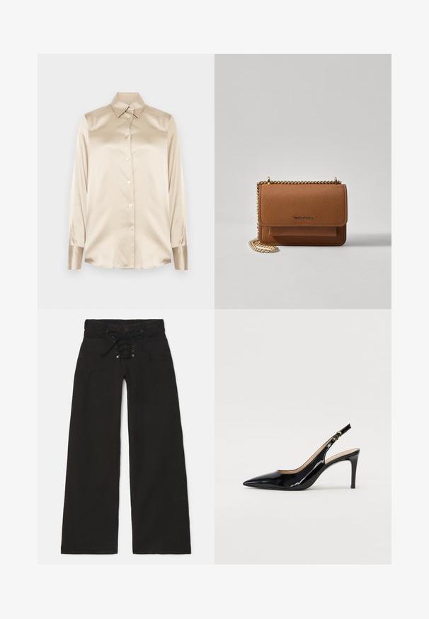 Bež satenasta košulja s oštrim ovratnikom, dugim rukavima, kopčanjem na gumbi i manžetama blago sjajnijeg završetka. Bez uzoraka ili naglasaka.; Crne široke hlače visokog struka s vezanjem sprijeda i kopčanjem na dugme. Izrađene su od denima s glatkom teksturom.; Crne lakirane slingback cipele s oštrim vrhom, uskim potpeticama i suptilnim izrezom. Sadrže zlatnu kopču na traku.; Smeđa kožna torba preko tijela s teksturom, zlatnim lančićem i preklopom na zatvaranju. Na prednjoj strani nalazi se detalj s potpisom i džep ispod preklopa.