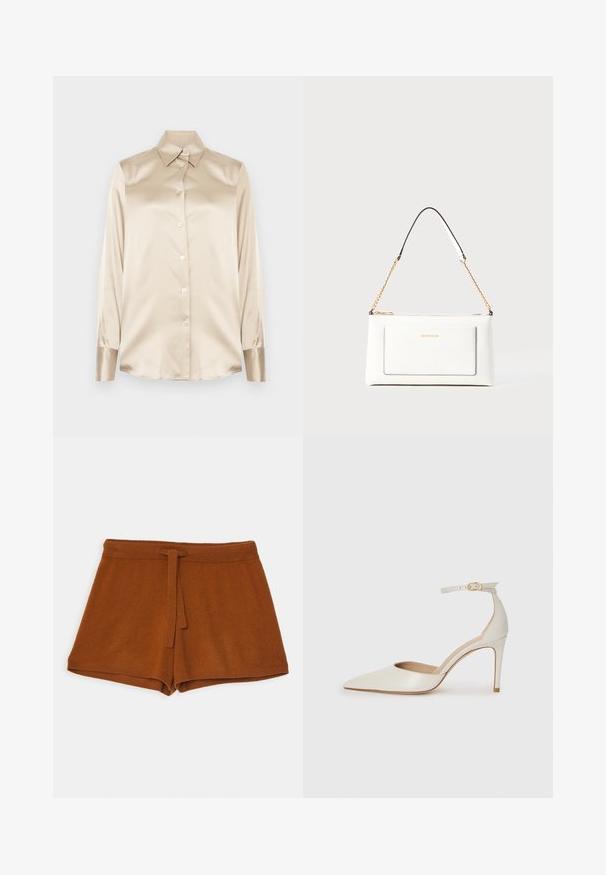 Beige satin shirt with a pointed collar, full-length sleeves, button closure, and cuffs in a slightly glossier finish. No patterns or accents.; Brown knitted shorts with a tie waist, featuring a soft texture and a simple design. The hem is finished with stitching for durability.; White leather high-heeled shoe with a pointed toe, ankle strap, and a slim stiletto heel. Smooth texture with subtle glossy finish.; White leather handbag with a textured finish, featuring a gold chain strap and black accents. Includes a front pocket and zipper closure.