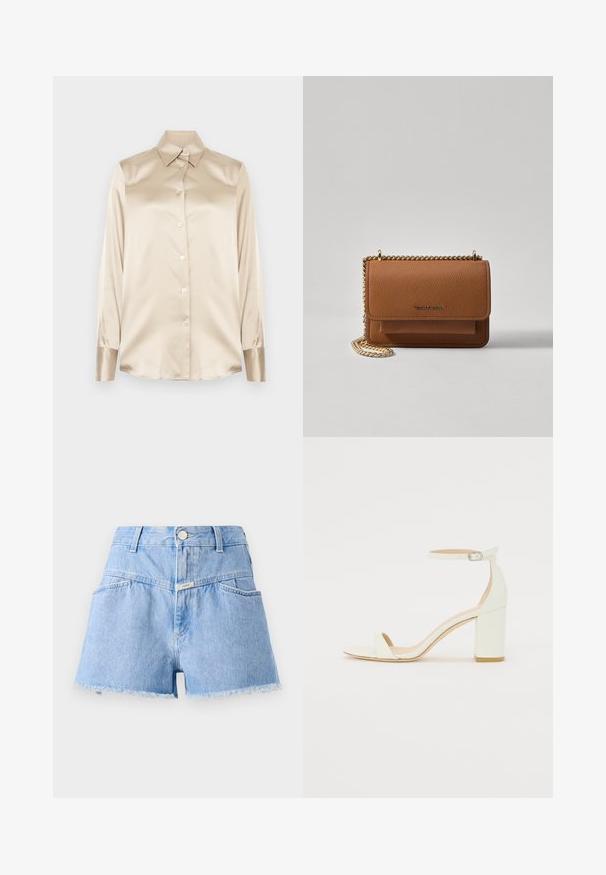 Beige satīna krekls ar asām apkaklēm, pilna garuma piedurknēm, ar pogu aizdari un nedaudz spīdīgāka finiša aprocēm. Nav rakstu vai akcentu.; Gai zila džinsa šorti ar augstu jostasvītu, plēstu apakšmalu un piecām kabatām. Priekšā ir sudraba poga un neliela zīmola birka.; Balts ādas blokpārklājs ar siksniņu ap potīti, kurai ir sprādze un minimālistisks dizains. Atvērta purna un gludas virsmas visā apavā.; Brūna teksturēta ādas plecu soma ar zelta ķēdes siksnu un atloka aizdari. Priekšpusē ir logotipa detaļa un kabata zem atloka.