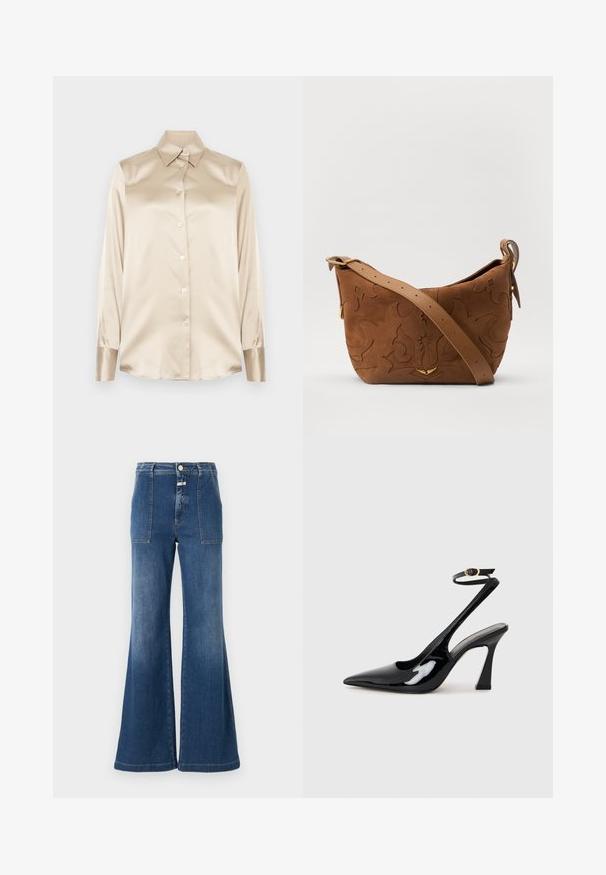 Beige selyem ing hegyes gallérral, teljes hosszúságú ujjakkal, gombos záródással és enyhén fényes anyagú mandzsettákkal. Minták vagy díszítések nélkül.; Magas derekú, flared farmernadrág középkék denim anyagból, elhalványult felülettel. Zsebekkel és gombos zárással rendelkezik. Tiszta szegés.; Fekete lakk bőrből készült, slingback magas sarkú cipők, hegyes orral, állítható bokapánttal és mérsékelt tömbsarkal. Simább textúra, fényes felület.; Barna velúr válltáska, dombornyomott virágmintával, sima barna bőrpánttal és arany színű fém kiegészítőkkel.