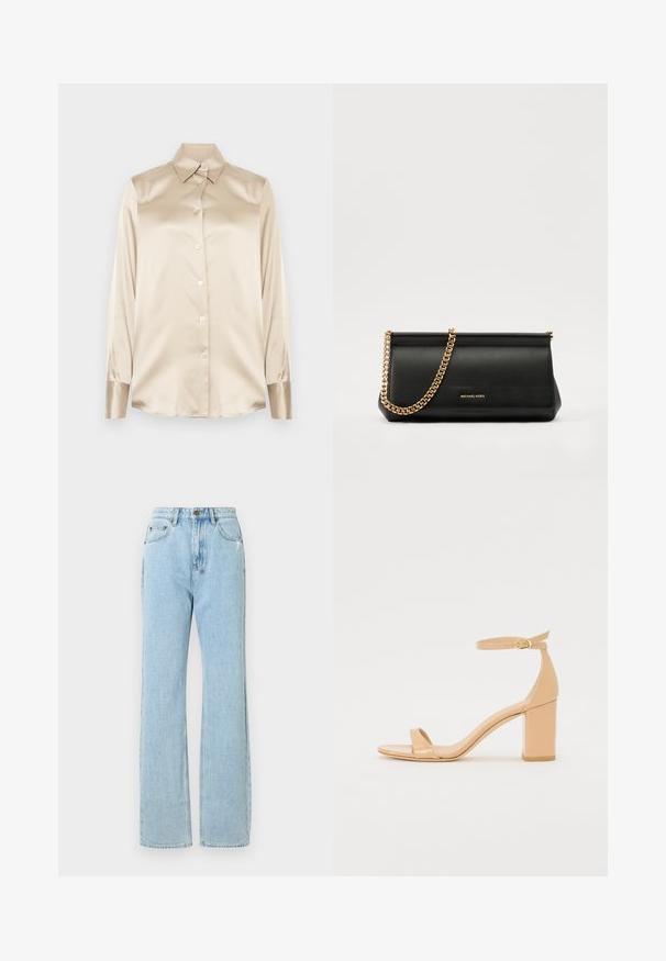 Beige satiinipaita, jossa on terävä kaulus, täyspitkät hihat, nappikiinnitys ja hihoissa hieman kiiltävä pinta. Ei kuvioita tai koristeita.; Vaaleansiniset farkut suoran lahkeen muotoilulla, joissa on vetskareilla varustettu etuläppä, viisi taskua ja hienovaraisia kaarivärjäysdetailleja.; Nude lakattu nahkasaappaat, joissa on neliön muotoinen kärki, nilkkahihna ja raskas lohkolohko. Tasainen pinta ja minimimuotoilun yksityiskohdat.; Musta nahkainen clutch-laukku, jossa on kultaketju, sileä pinta, suorakulmainen muoto ja kohokuvioitu brändimerkintä edessä.