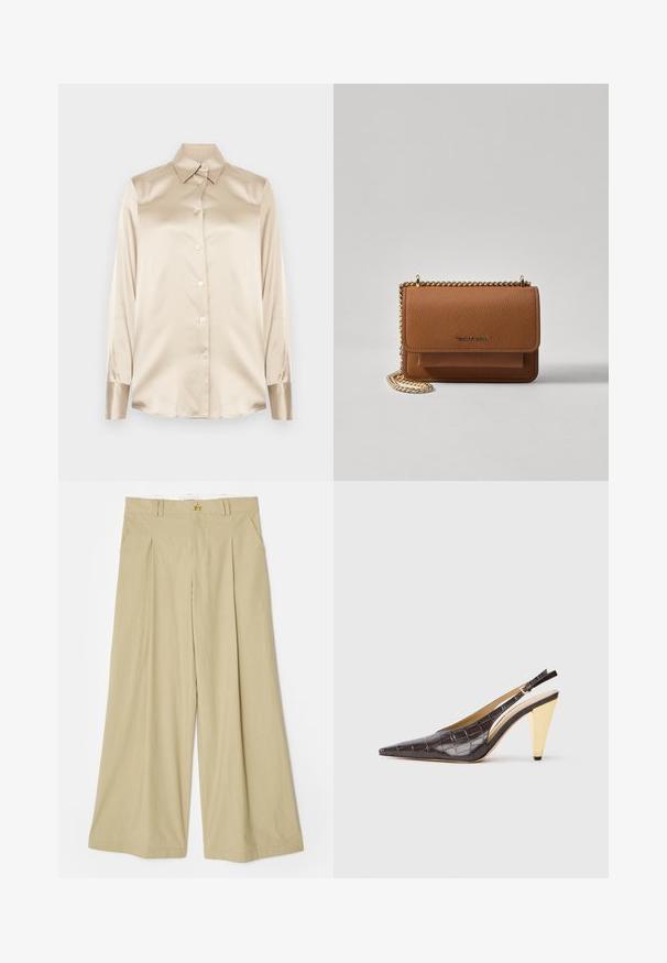 Bež satenasta srajca z ostrim ovratnikom, dolgimi rokavi, z zapiranjem na gumbe in manšetami v nekoliko bolj sijočem finishtu. Brez vzorcev ali dodatkov.; Bež hlače širokega kroja, izdelane iz lahkega materiala. Imajo ravno sprednjo stran, dva stranska žepa in zlat ton trikotnega detajla na pasu.; Slingback peto s koničastim nosom, v temno rjavi sijoči umetni krokodilji usnjeni različici. Ima zlate geometrijske pete in nastavljiv ankel trak.; Rjava teksturirana usnjena torba čez ramo z zlatim verižnim trakom in zapiranjem na pokrov. Spredaj je vidna podrobnost logotipa in žep pod pokrovom.