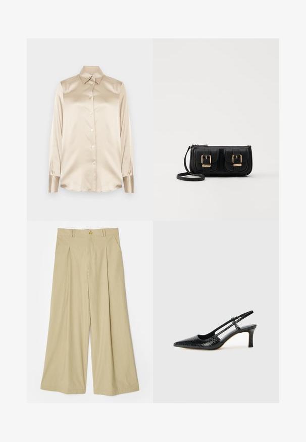 Beige satijnen shirt met een puntige kraag, lange mouwen, knoopsluiting en manchet in een iets glanzender afwerking. Geen patronen of accenten.; Beige wijde broek van lichtgewicht stof. Heeft een vlakke voorkant, twee zijzakken en een goudkleurige driehoekaccent op de tailleband.; Zwart patent slingback hak met een spitse neus, voorzien van een gestructureerde slangenprint, verstelbare band en een korte, gestructureerde blokhak.; Zwarte leren schoudertas met twee vo pockets, gouden gespen, ritsluiting en een smalle band. Tekstuur oppervlak en compacte rechthoekige vorm.