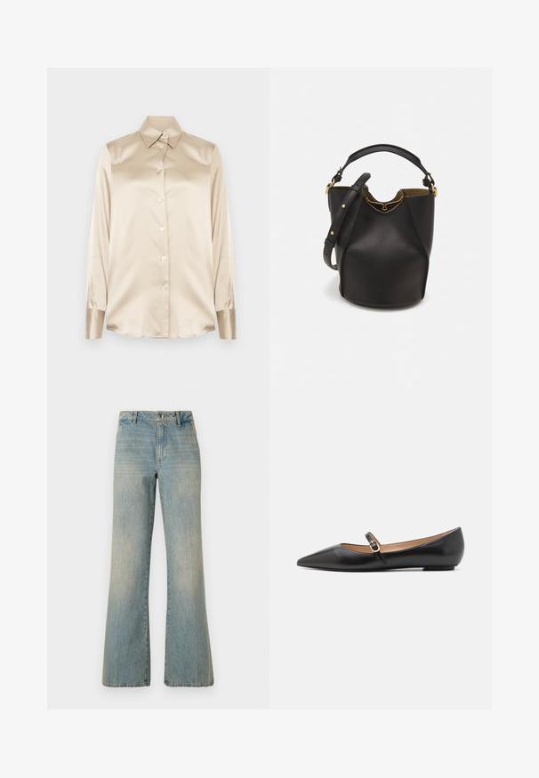 Béžová saténová košela s špicatým golierom, dlhými rukávmi, zapínaním na gombíky a manžetami v mierne lesklejšom prevedení. Bez vzorov alebo akcentov.; Svetlomodré rifľové nohavice s širokými nohavicami a vysokým pásom, zapínanie na gombík a vyblednutou textúrou. Obsahuje klasický dizajn s piatimi vreckami a priame nohavice.; Čierne kožené baletky s špicatou špičkou a bočným remienkom s kruhovým zlatým akcentom. Ľahké s plochou podrážkou.; Čierna kožená vedro taška s textúrovaným povrchom, zlatými kovovými detailami a otvoreným vrcholom. Obsahuje krátku rukoväť a nastaviteľný ramenný popruh.