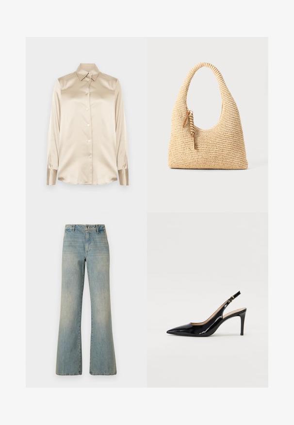 Beige satīna krekls ar asām apkaklēm, pilna garuma piedurknēm, ar pogu aizdari un nedaudz spīdīgāka finiša aprocēm. Nav rakstu vai akcentu.; Gaiši zilie denimi platās kājas džinsi ar augstu jostas vietu, pogu aizdari un izbalējušu tekstūru. Iespējots klasiskā piecu kabatu dizains un taisnas kājas.; Melnas lakotās ādas slingback kurpes ar izteiktu degunu, šauru papēdi un smalku izgriezumu dizainu. Siksniņai ir zelta sprādze.; Auduma bēšs rokassomu ar izliekto rociņu, strukturētu virsmu un brūna pušķa detaļu. Iespējama vaļīga, hobo forma.