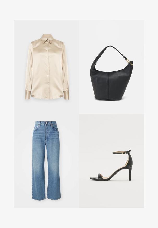 Beige satijnen shirt met een puntige kraag, lange mouwen, knoopsluiting en manchet in een iets glanzender afwerking. Geen patronen of accenten.; Lichtblauwe denim jeans met een hoge taille, wijde benen en een onafgewerkte zoom. Beschikt over een traditionele vijf-pocketontwerp en een sluiting met zilverkleurige knoop.; Zwarte leren hoge hak sandaal met enkelbandje. Heeft een gladde textuur, open teen en een dunne hak. Gouden gesp detail.; Zwarte leren handtas met een ronde vorm, een brede schouderriem en een gestructureerde afwerking. Bevat subtiele naaddetails en een gouden hardwareaccent.
