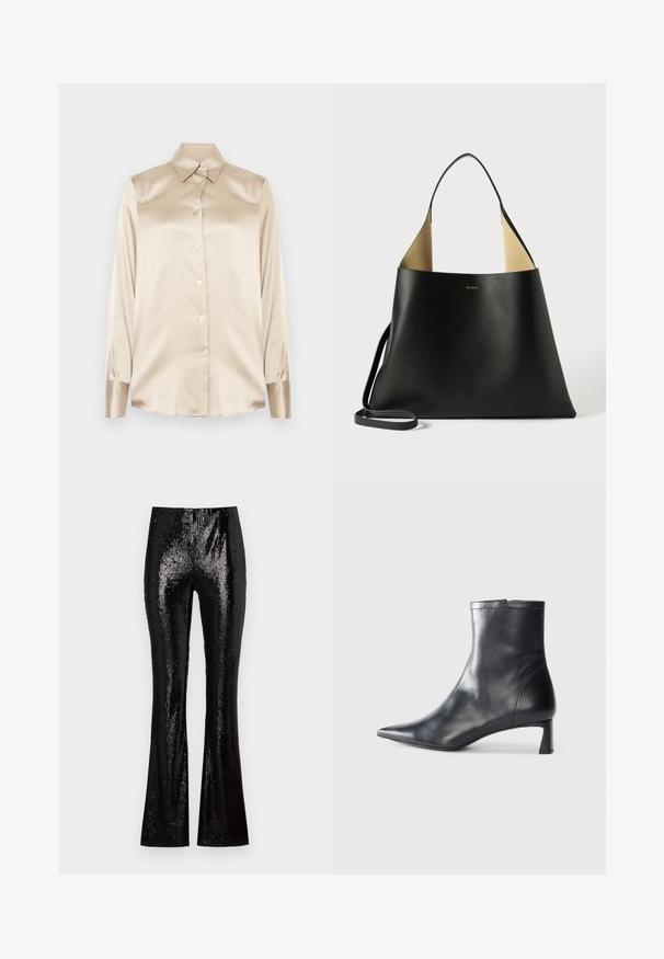 Beige satiinist särk, millel on terav krae, täispikkade varrukatega, nööbiga kinniti ja veidi läikivamad mansetid. Ilma mustrite või aktsentideta.; Mustad hõlmikpüksid, kaetud sädelustega, millel on sile tekstuur ja vormikas siluett, mis ulatub kuni pahkluuni.; Mustad mustall nahkasaabas terava nina ja stiilse disainiga. Omab madalat konts ja luku sulgemist taga. Sile tekstuur.; Must lilla nahkakott, millel on avar ja nurgaine disain. Omab kontrastset pruuni sisekujundust ja õhukest õlavarre rihma. Minimalistlik brändimine.
