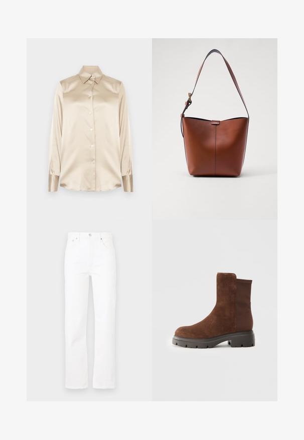 Beige selyem ing hegyes gallérral, teljes hosszúságú ujjakkal, gombos záródással és enyhén fényes anyagú mandzsettákkal. Minták vagy díszítések nélkül.; Fehér farmernadrág egyenes szárú kivitelben, öt zsebbel és gombos záródással. Simán felület és letisztult dizájn, alkalmas hétköznapi viseletre.; Barna velúr bokacsizma, rugalmas oldalsó panelekkel, lekerekített orral és vastag gumitalppal, amelynek felszíne mintázott.; Barna bőr válltáska ívelt formával, sima felülettel és egy vékony pánttal. Diszkrét varrással és kis logóval rendelkezik.