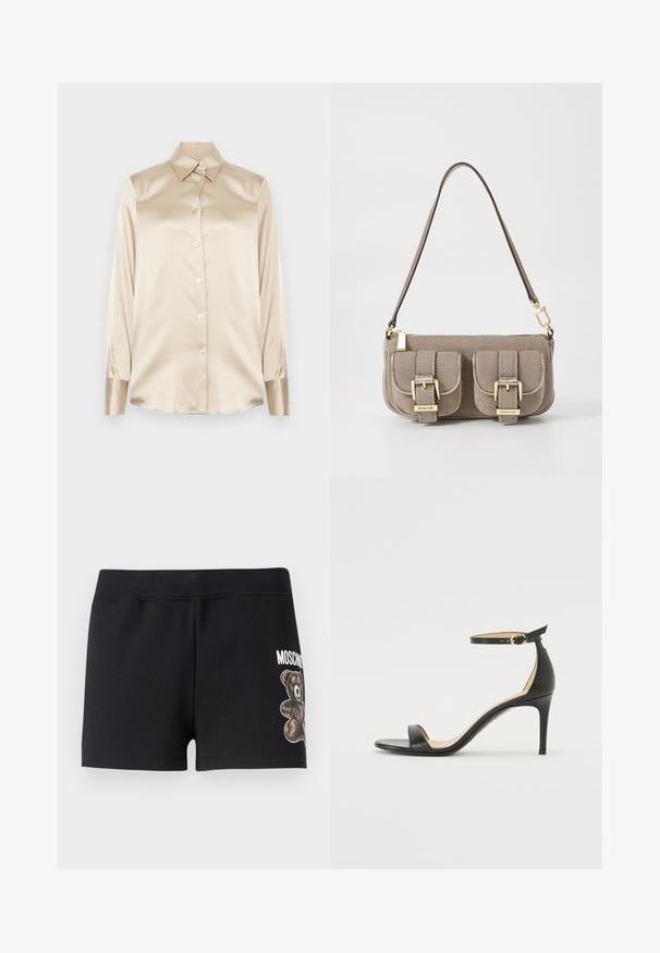 Beżowa satynowa koszula z ostro zakończonym kołnierzykiem, długimi rękawami, zapięciem na guziki i mankietami o nieco błyszczącym wykończeniu. Brak wzorów lub akcentów.; Czarne bawełniane szorty o miękkiej teksturze, z grafiką misia i napisem "Moschino" w białym kolorze z boku.; Czarne skórzane sandały na wysokim obcasie z paskiem na kostce. Charakteryzują się gładką fakturą, otwartym noskiem i cienkim obcasem. Złoty detal z klamrą.; Beżowa torebka teksturowana z regulowanym paskiem, dwoma przednimi kieszeniami zabezpieczonymi klamrami oraz złotymi akcentami. Zamek błyskawiczny na górze.