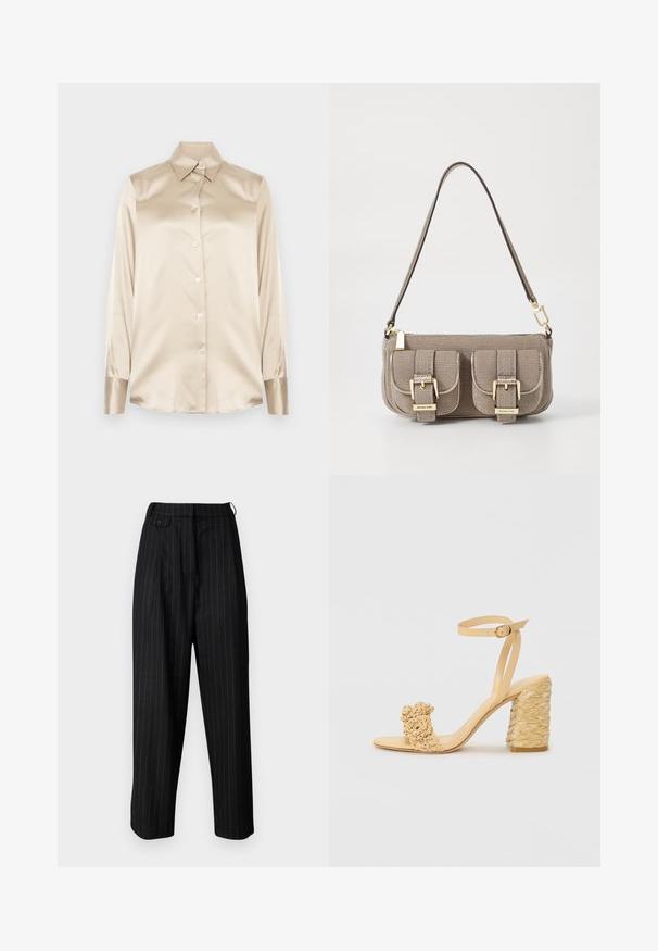 Béžová saténová košela s špicatým golierom, dlhými rukávmi, zapínaním na gombíky a manžetami v mierne lesklejšom prevedení. Bez vzorov alebo akcentov.; Čierne, vysoké nohavice s bielymi prúžkami, so záhybmi, zapínaním na gombík a uvoľneným strihom. Vyrobené z hladkého materiálu.; Béžové sandále na vysokom podpätku s opletenou textúrou, ozdobené kvetinou a popruhom na členku. Štvorcová päta zvyšuje stabilitu.; Bežová taška s textúrou a nastaviteľným popruhom, dve predné vrecká zabezpečené prackami a zlaté kovové prvky. Zips na vrchu.